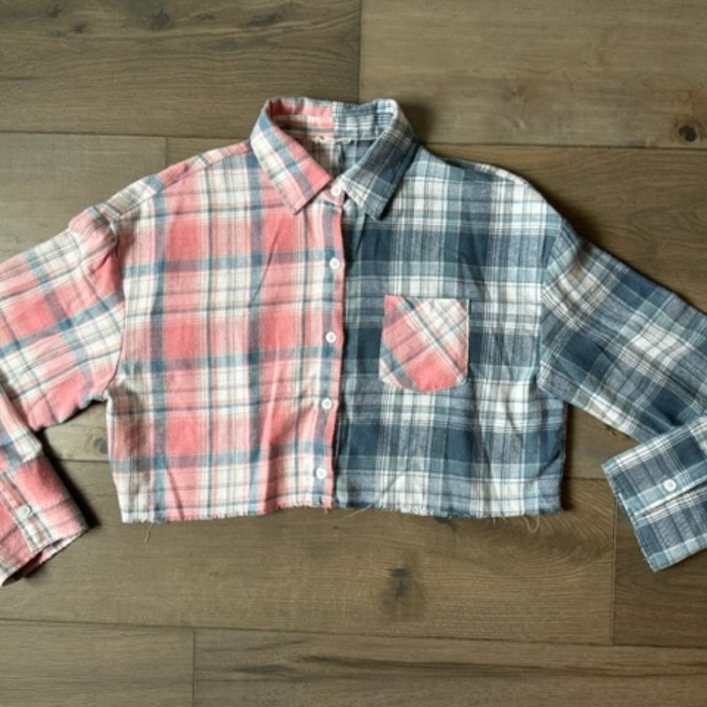 MIMOSA WOMENS PLAID FLANNEL CROPPED LONG SLEEVE DRESS SHIRT